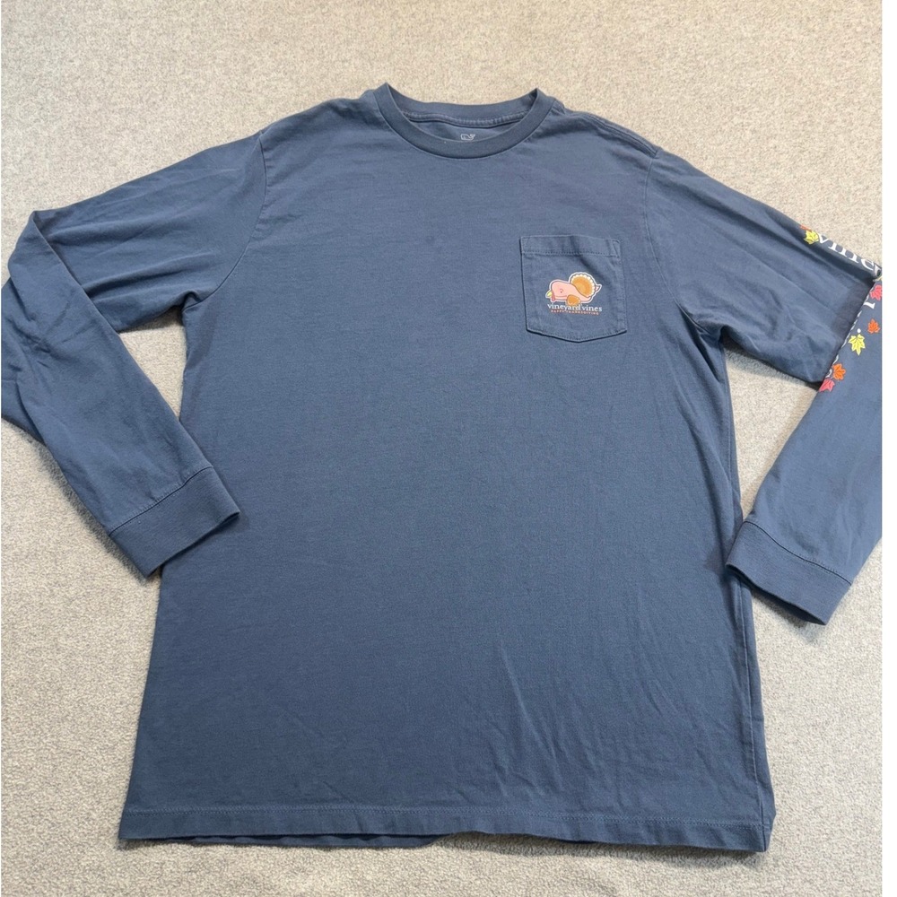 Vineyard Vines XL Happy Thanksgiving Long Sleeve Pocket Tee Shirt Blue Football